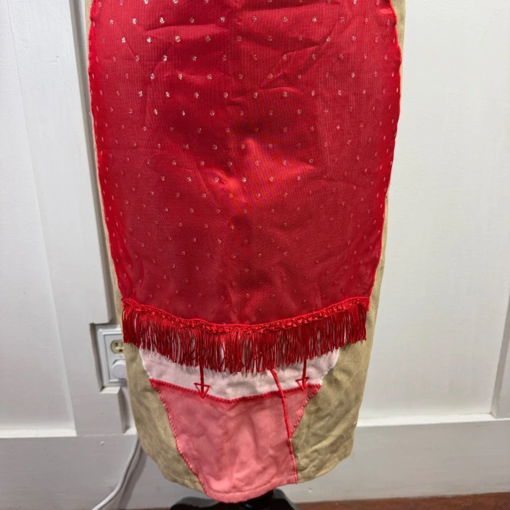 Novelty Burlesque Showgirl Kitchen Apron Red Sequin Fringe Pinup Kitschy Tan